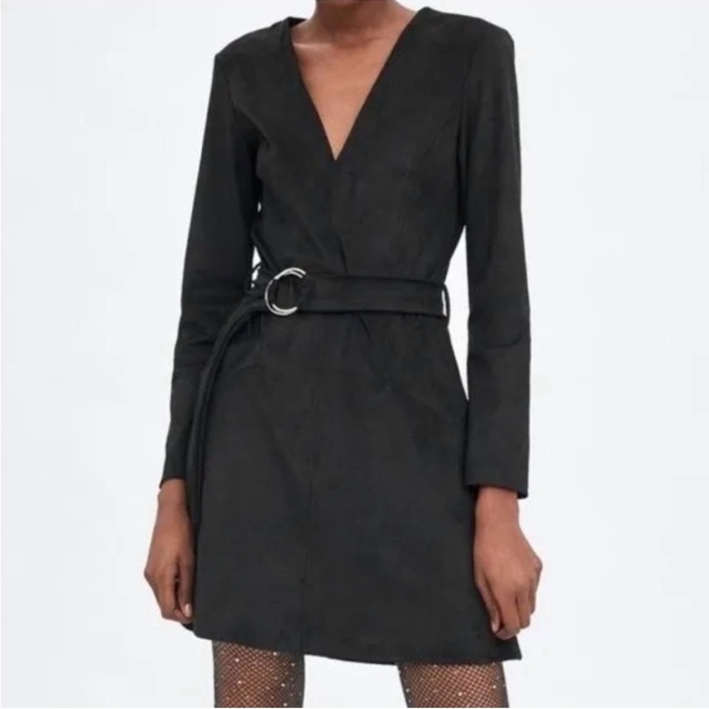 Zara Suede Black V-Neck Long Sleeve Belted Mini Dress